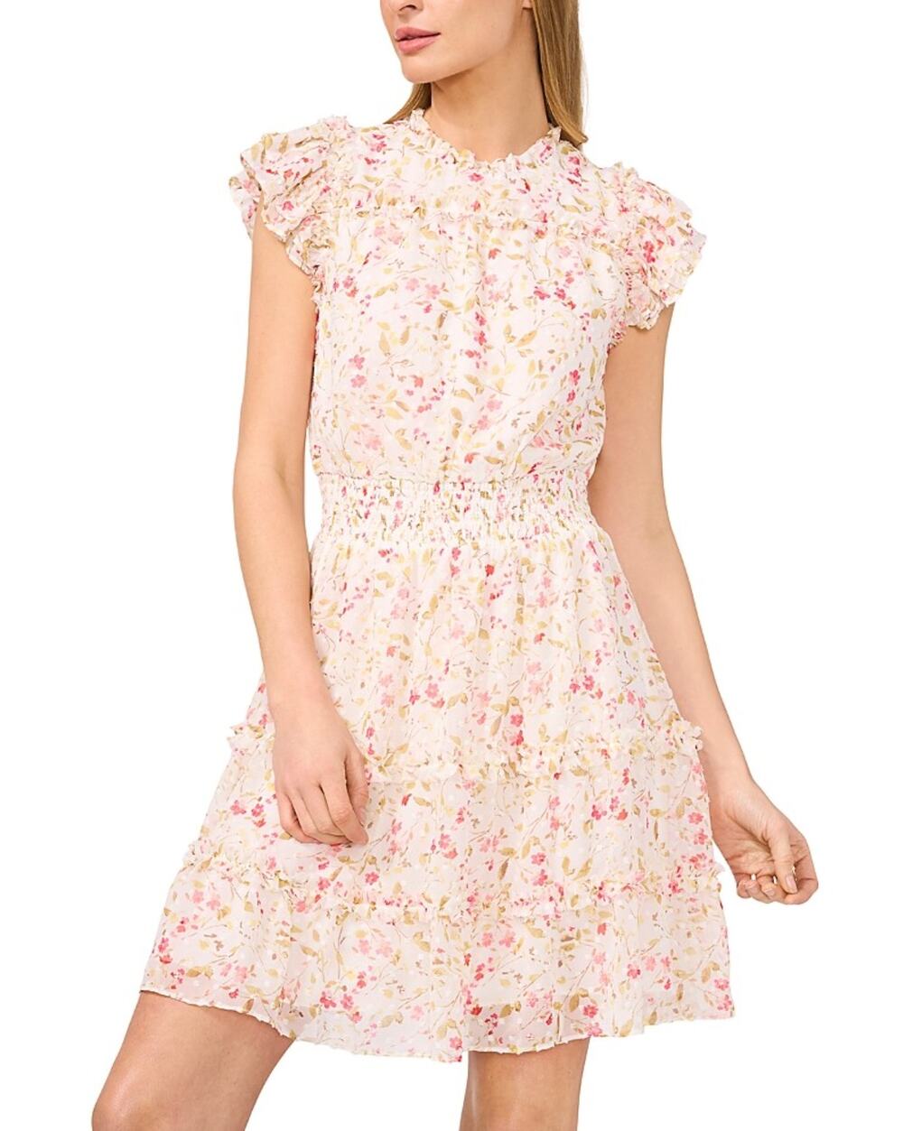 CECE Women's Short Ruffle Front Dress XS White Pink Peony Floral Print NWT